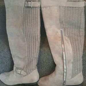 Over-the-knee brushed leather flat bottomed boots